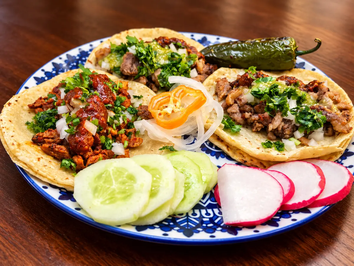 Tacos de 4 Raíces con cebolla, cilantro y salsa